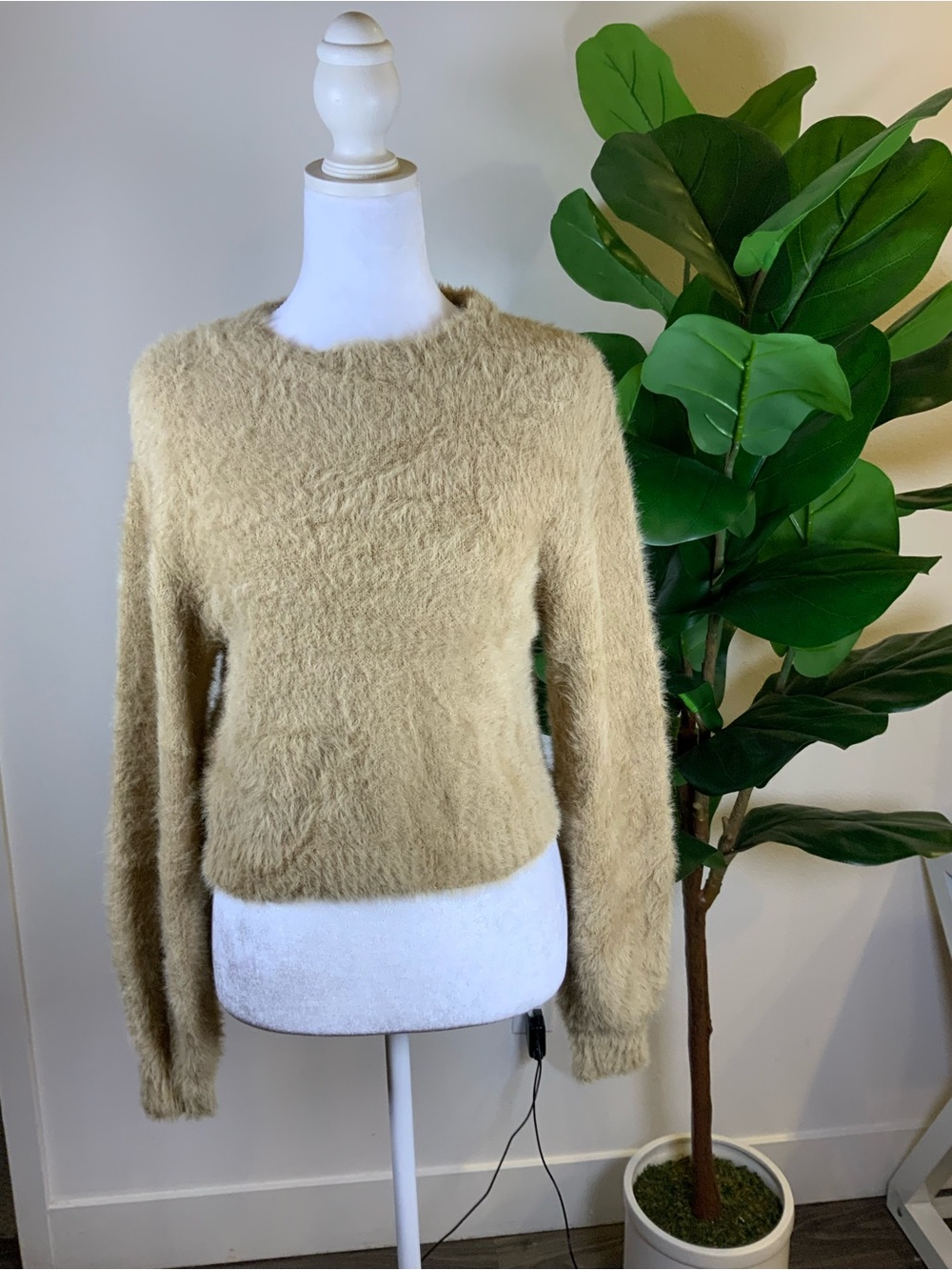 Mango Fuzzy Crewneck Sweater in Taupe Beige